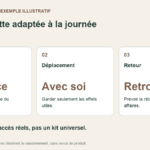 Une pochette adaptée à la journée. Préparation : Séparer le nécessaire du rendez-vous. Déplacement : Garder seulement les effets utiles. Retour : Prévoir la récupération des affaires.