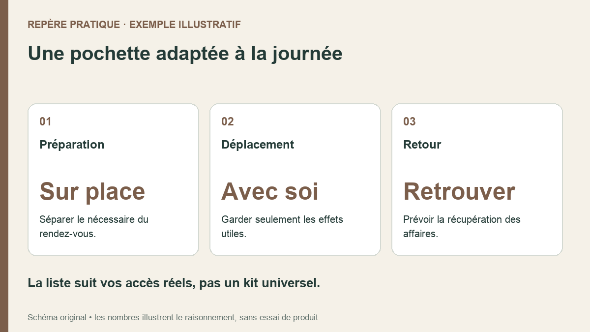 Une pochette adaptée à la journée. Préparation : Séparer le nécessaire du rendez-vous. Déplacement : Garder seulement les effets utiles. Retour : Prévoir la récupération des affaires.